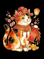 Lucky cat figurine in red and gold with traditional Asian ornaments, raised paw, holding scroll, surrounded by lantern and coins. Isolated on transparent background, ready for t-shirts, stickers, clipart, and print-on-demand designs.