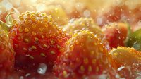 Fresh ripe strawberries with water drops in warm sunlight, extreme macro shot showing detailed texture and natural bokeh effect for food photography.