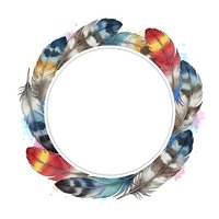 Colorful feathers arranged in a circular frame with watercolor accents on white background, isolated and ready for design projects, invitations, and creative layouts.
