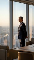 Confident middle-aged Caucasian businessman in dark suit standing by floor-to-ceiling windows overlooking city skyline at sunset in modern office.