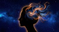 Woman silhouette with flowing cosmic hair against starry night sky background. Conceptual art for meditation, dreams, imagination and spiritual themes.