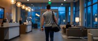 Young professional man walking through modern office lobby with messenger bag during evening hours in corporate building.