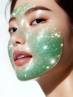 Asian woman with glowing green glitter makeup art on face, glossy lips and flawless skin. Magical sparkle effect creates ethereal beauty look for cosmetic advertising.