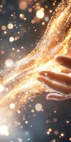 Magical glowing golden particles flow around an outstretched hand against dark background, creating ethereal light trails and bokeh effects for fantasy designs.
