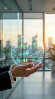 Businessperson holding glowing sphere with financial data, charts, and currency symbols for investment, finance, and business growth concepts.