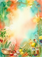 Watercolor cooking frame with fresh vegetables, herbs, citrus fruits, and kitchen utensils arranged around golden border on colorful gradient background. Isolated design for recipe cards, menus, culinary blogs.