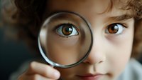 Curious young child with brown curly hair looking through magnifying glass, close up portrait showing one enlarged eye. Educational concept for discovery and learning.