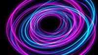 Glowing neon spiral with magenta and cyan light trails swirling in dynamic motion against dark background for digital design projects.