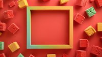 Colorful square frame surrounded by scattered textured cubes in red, yellow and green on vibrant coral background. Creative minimal composition for modern design projects.