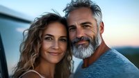 Mature couple sharing intimate moment outdoors at sunset, smiling at camera. Man with gray beard and woman with wavy brown hair express genuine happiness.