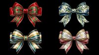 Festive decorative bows in red plaid, navy botanical, gold striped, and burgundy floral patterns, isolated on transparent background. Ready for holiday designs, t-shirts, stickers, clipart, and print-on-demand projects.