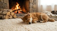 Cozy orange tabby cat sleeping peacefully on soft rug beside warm crackling fireplace in comfortable living room creating perfect hygge atmosphere.