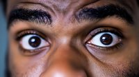 Close-up portrait of African American man with wide eyes expressing surprise or shock, showing intense emotion on dark skin.