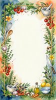 Culinary herbs and fresh vegetables frame a blank center space with cooking utensils, watercolor style, suitable for recipe cards and food blog designs.