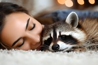 Young Asian woman sleeping peacefully next to adorable raccoon on white fluffy carpet, warm bokeh lights in background create cozy atmosphere for lifestyle blogs.