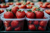 Fresh ripe strawberries in transparent plastic containers at farmers market, ready for sale and consumption.