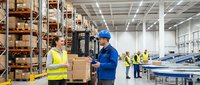 Warehouse workers in safety vests using digital tablet for inventory management in modern distribution center with conveyor systems and storage racks.