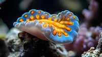 Vibrant blue and white sea slug with glowing orange spots crawling on coral reef, macro underwater photography showing detailed texture of marine nudibranch.