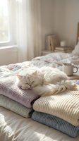 White fluffy cat resting on folded knit blankets in bright bedroom with natural window light, cozy home interior design and pet lifestyle scene.