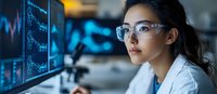 Young Asian female scientist in lab coat and safety glasses analyzes data on multiple monitors displaying blue glowing charts and graphs in research laboratory.