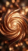 Golden copper spiral swirl with warm bokeh lights creating luxurious abstract background for premium design projects and elegant presentations.