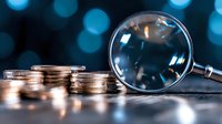 Stack of coins and magnifying glass on dark background with blue bokeh lights, financial analysis and investment research concept for business strategy.
