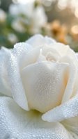 White rose with morning dew drops on delicate petals creating romantic garden atmosphere for wedding invitations and floral design projects.
