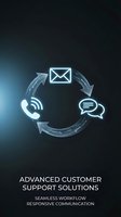 Advanced customer support solutions with circular workflow icons showing email, phone and chat communication channels on dark background for business presentations.