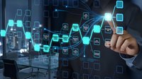 Businessman touching digital network interface with glowing blue hexagonal icons and data connections in modern office environment for technology presentations.