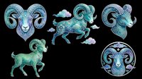 Aries zodiac sign symbol collection with ram heads and goat figures in blue and teal watercolor style, isolated on transparent background. Ready for t-shirt design, clipart, stickers, sublimation, and print-on-demand products.