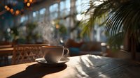 Steaming coffee cup on wooden table in cozy cafe with warm sunlight streaming through windows, creating relaxing atmosphere for morning break.