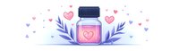Glass bottle with pink heart decoration and blue cap surrounded by delicate leaves and floating hearts in soft pastel colors on white background.