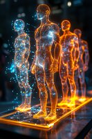 Glowing digital figures with network connections stand in line on illuminated platform, featuring blue and orange holographic bodies with particle effects.