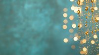 Golden glowing bokeh lights scattered on turquoise blue background with copy space, festive holiday atmosphere creates magical mood for designs.