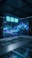 Futuristic holographic display showing time and data visualization with glowing blue waves in modern digital environment for business presentations.