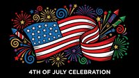 Festive patriotic banner with flowing flag ribbon and colorful fireworks display for Independence Day celebration and holiday decorations.