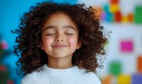 Young mixed-race girl with curly hair smiling peacefully with eyes closed in bright colorful classroom setting for education and childhood concepts.