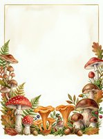 Autumn forest mushroom frame with red toadstools, chanterelles and ferns on vintage paper background for seasonal design projects.