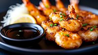 Grilled shrimp with sweet and savory glaze served on black plate with soy dipping sauce and fresh lemon garnish, close up view showing caramelized texture.