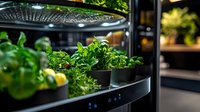 Indoor hydroponic garden system with fresh herbs and leafy greens growing under LED grow lights on modern black shelving unit, showcasing sustainable home gardening technology.