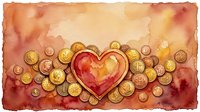 Watercolor heart surrounded by gold coins on warm red background, symbolizing love, wealth, and financial prosperity with copy space.