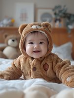 Smiling Asian baby wearing brown teddy bear costume lying on bed with plush toys in background, cozy home atmosphere for childhood and parenting concepts.