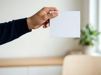 Person with medium skin tone wearing dark navy sleeve holding blank white card for business networking, marketing, or corporate branding purposes.