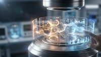 Futuristic laboratory with glowing holographic data display, scientist hand touching digital interface, advanced technology research concept.