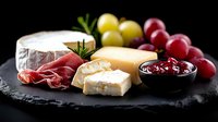Gourmet cheese board with brie, hard cheese, prosciutto, fresh grapes and cranberry sauce served on black slate plate against dark background.
