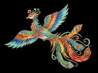 Ornate phoenix bird with vibrant feathers in orange, blue, and green tones, isolated on transparent background. Ready for t-shirts, clipart, stickers, sublimation, and print-on-demand designs.