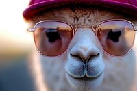 Close up portrait of white alpaca wearing sunglasses and burgundy hat against blurred background, creating humorous and trendy animal fashion concept.