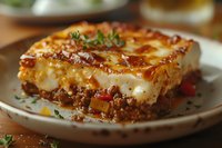 Homemade moussaka with layers of ground meat, eggplant and creamy bechamel sauce topped with melted cheese and fresh herbs served on white plate.