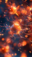Glowing neuron cell with dendrites and synapses on dark background with orange bokeh lights, scientific visualization of neural network activity in brain.