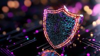 Glowing digital shield on circuit board with purple and pink bokeh lights creates futuristic cybersecurity concept against dark background.